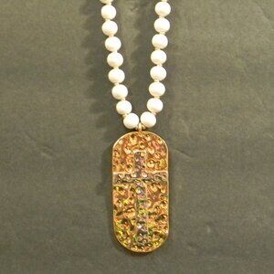 Cross Necklace Contemporary Gold/Silver with White Beads NEW